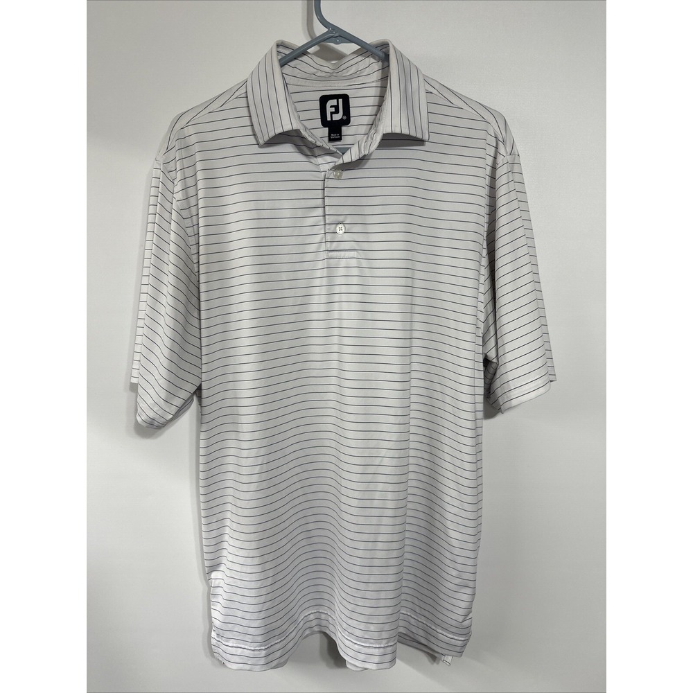 Footjoy Polo Shirt Adult M White Blue Striped Golf Performance Stretch Mens